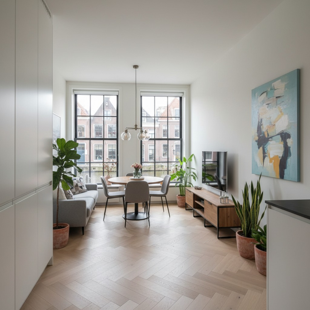 A modern living and dining room features a herringbone wood floor, a round dining table with grey chairs, and large windows overlooking a canal with historic buildings.