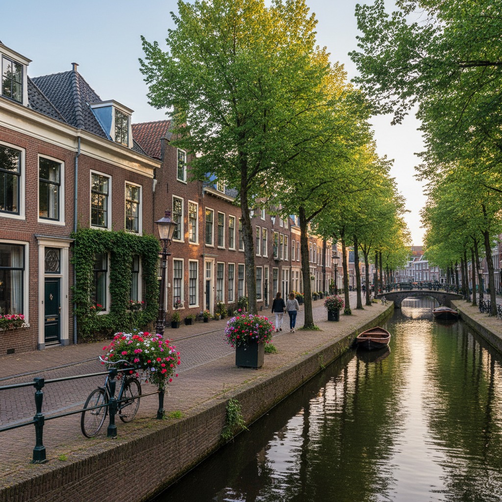 Two people walk along a brick-paved canal path lined with historic buildings, lush trees, and blooming flower planters in a Dutch city.