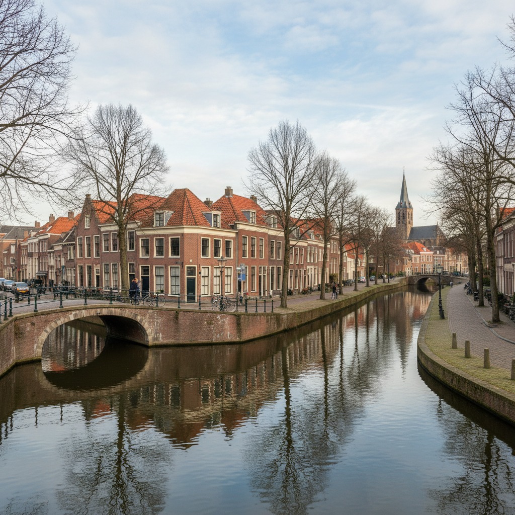 A canal flows through a historic Dutch town with brick buildings, bare trees, and a distant church spire reflected in the water.