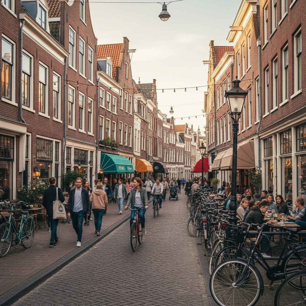 People walk and cycle along a narrow, cobblestone street lined with historic brick buildings, outdoor cafes, and parked bicycles.
