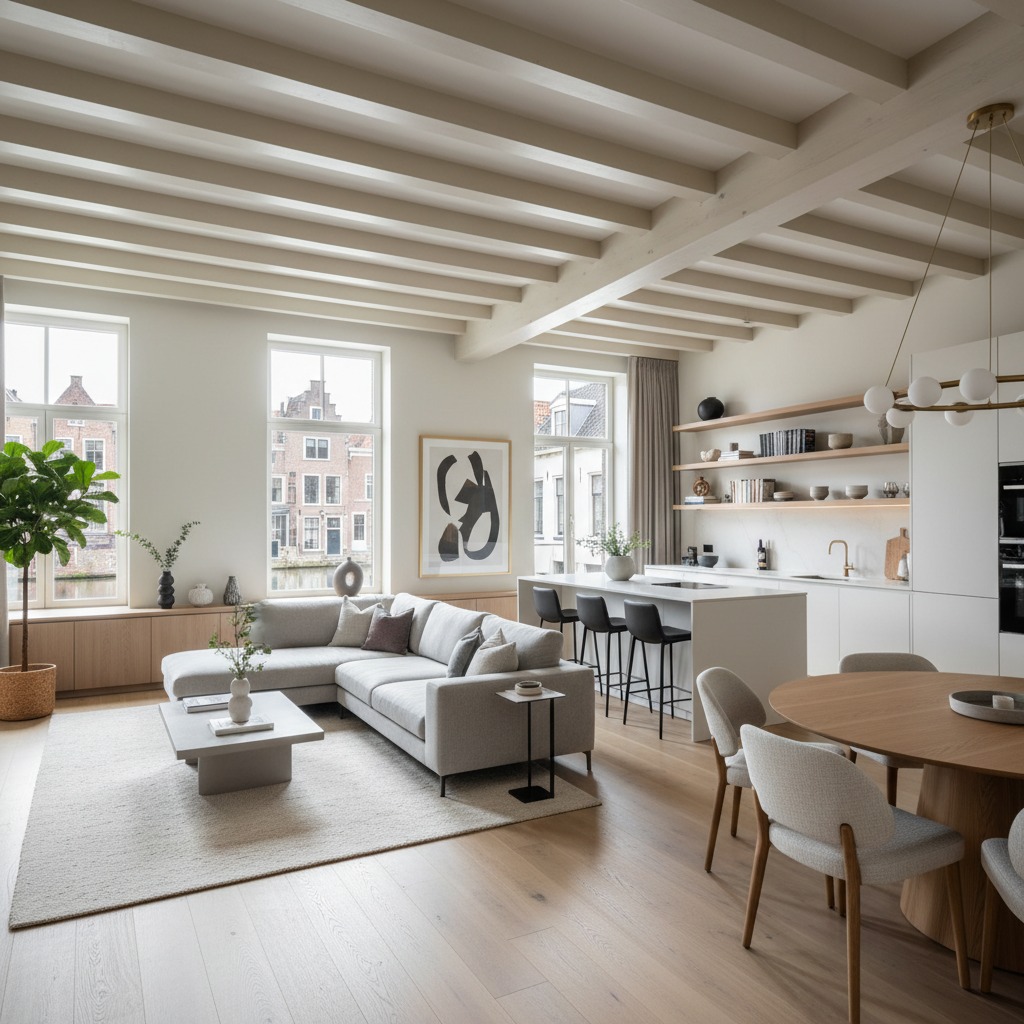 A bright, open-concept living room and kitchen features light wood flooring, exposed ceiling beams, a neutral sectional sofa, and a dining area with views of historic buildings through large windows.